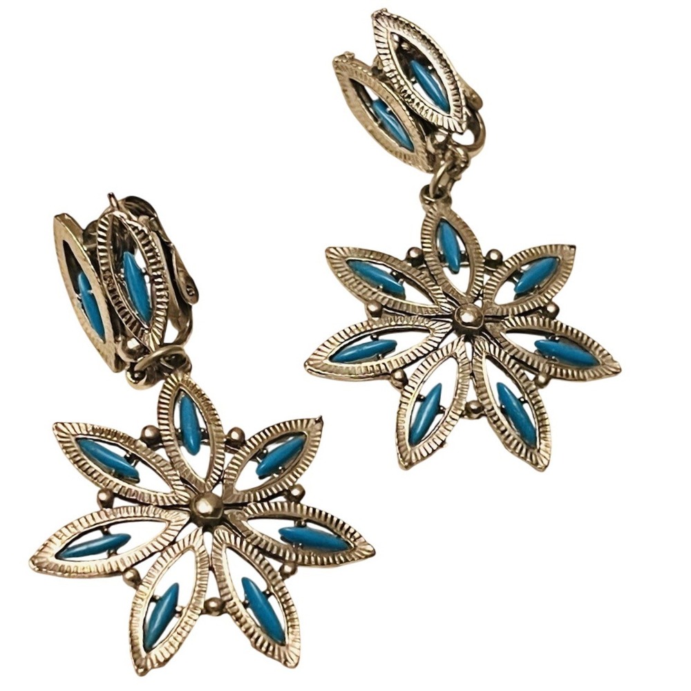 70s Earrings VTG Dangle Clip silver tone Blue Needle Point Star Statement Chunky